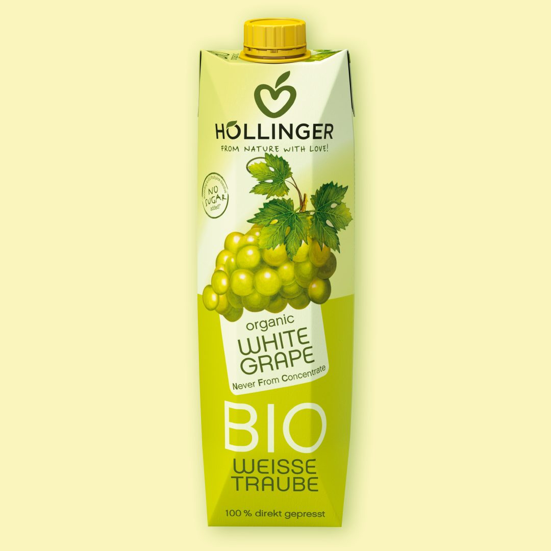 Höllinger Tetrapack Weißer Traubensaft 1l in grün auf gelbem Hintergrund